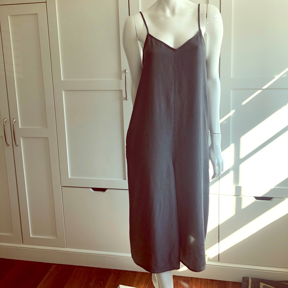 Vintage gray black denim chambray cropped jumpsuit